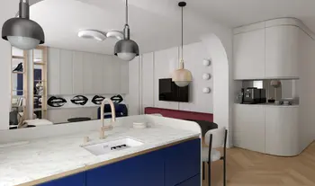Wnętrze kuchni w stylu art deco i nowoczesnym z granatowymi meblami.