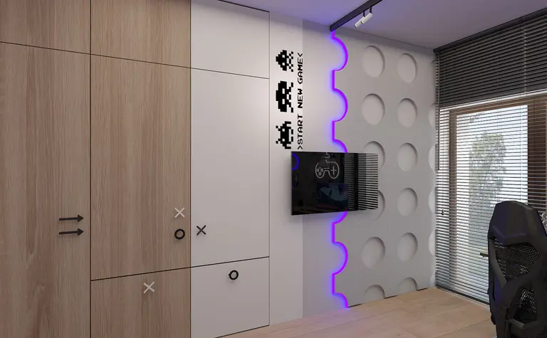 Pokój gier z drewnianą szafą, szarymi ścianami i nowoczesnym telewizorem. Styl industrialny i minimalistyczny.
