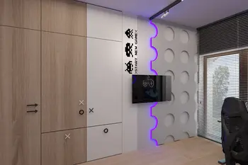 Pokój gier z drewnianą szafą, szarymi ścianami i nowoczesnym telewizorem. Styl industrialny i minimalistyczny.