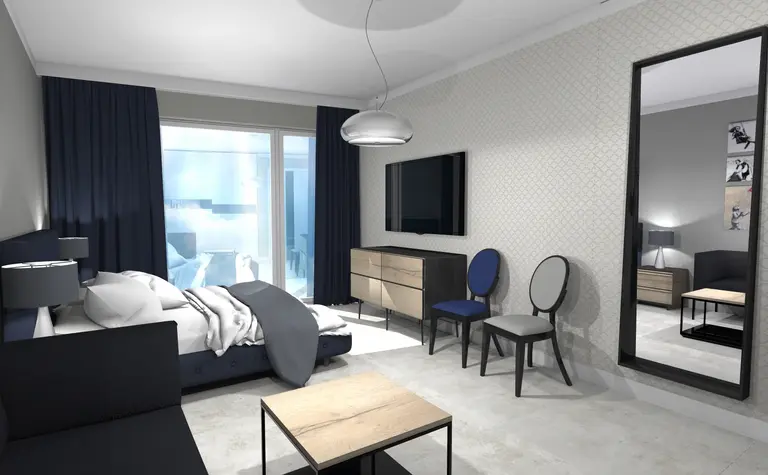 Wnętrze nowoczesnego pokoju z szarymi i niebieskimi akcentami, elementy dopamine decor, industrialny, japandi.