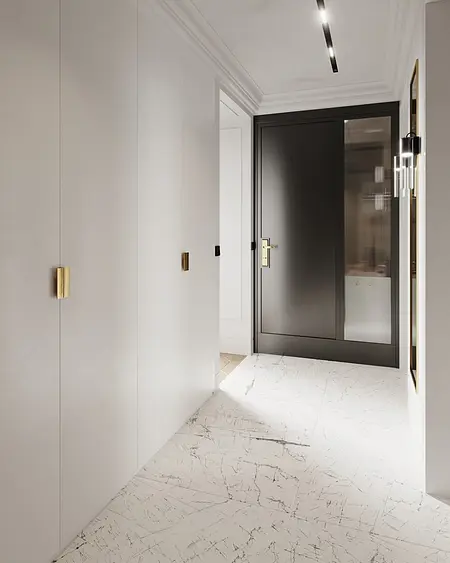 Przedpokój w stylu eklektycznym i minimalistycznym z nowoczesnymi akcentami.