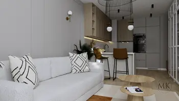 Wnętrze kuchni w stylu art deco i skandynawskim z nowoczesnymi meblami.