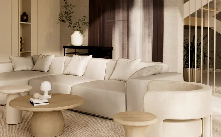 Wnętrze salonu w stylu minimalistycznym, soft minimalizm, z jasnymi meblami.