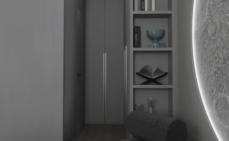 Minimalistyczne wnętrze z szarymi meblami i skandynawskim akcentem.