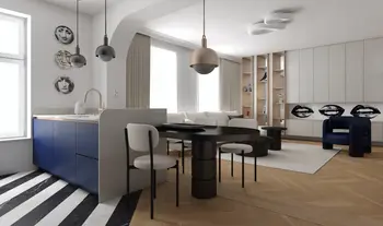 Wnętrze kuchni w stylu art deco i nowoczesnym z niebieskimi meblami i drewnianymi akcentami.