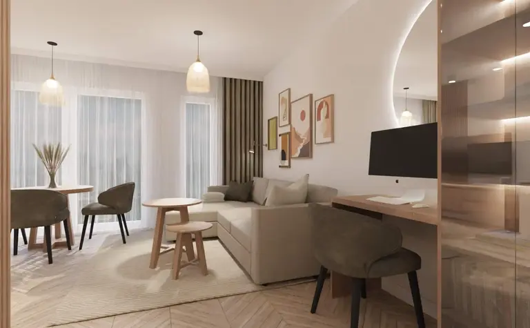 Wnętrze w stylu boho i nowoczesnym z sofą, stolikami i biurkiem.