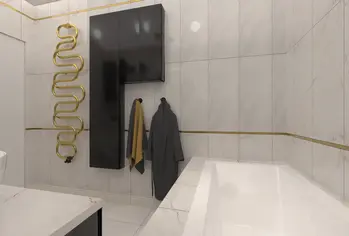Wnętrze łazienki z czarnymi meblami, złotymi detalami i nowoczesnym wykończeniem. Styl: boho, glamour, industrialny.