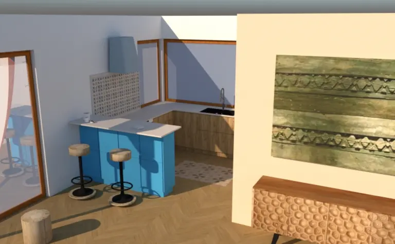 Wnętrze eklektycznej kuchni z niebieskimi meblami i drewnianymi detalami.