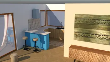 Wnętrze eklektycznej kuchni z niebieskimi meblami i drewnianymi detalami.