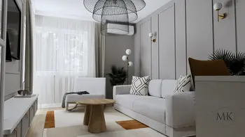 Wnętrze salonu w stylu art deco i skandynawskim z szarością i drewnem.