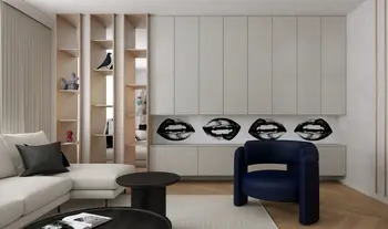 Wnętrze salonu w stylu art deco z niebieskim fotelem i szarymi meblami.