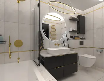 Nowoczesna łazienka w stylu boho z elementami glamour i industrialnymi.