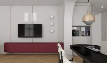 Wnętrze z szarymi ścianami, burgundową szafką i nowoczesnym oświetleniem w stylu eklektycznym.