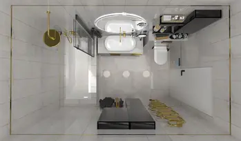 Nowoczesna łazienka z białymi umywalkami i złotymi detalami, w stylu boho i industrialnym.