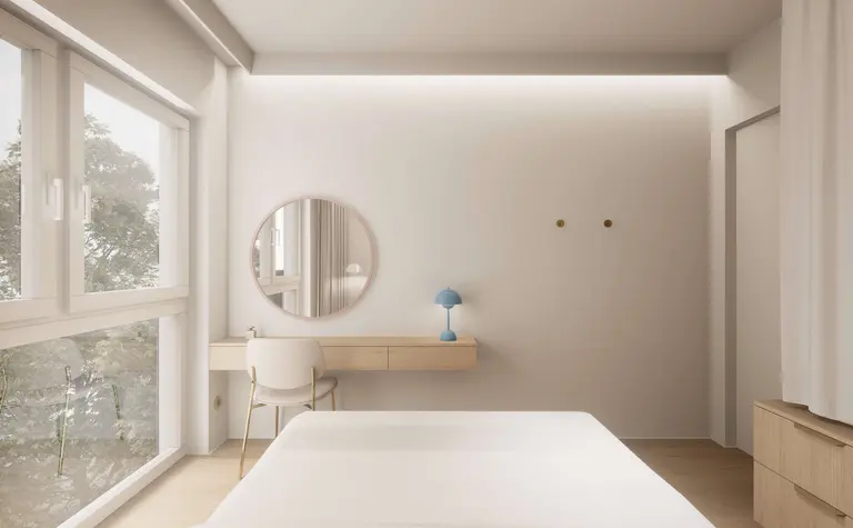 Wnętrze sypialni w stylu japandi, minimalistycznym, nowoczesnym i quiet luxury z jasnymi meblami.