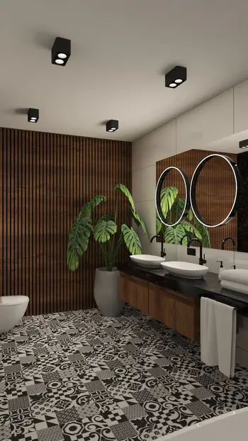 Wnętrze łazienki z drewnianymi elementami i art deco