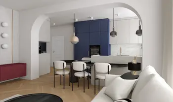 Wnętrze kuchni w stylu art deco i eklektycznym z białymi i niebieskimi meblami.