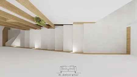 Schody w stylu boho i skandynawskim z drewnianymi elementami i minimalistycznym oświetleniem.