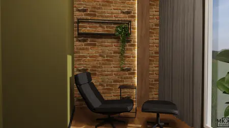 Wnętrze z industrialnym akcentem, ceglana ściana, nowoczesne meble i roślinność.
