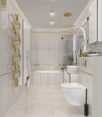 Nowoczesna łazienka z białymi kafelkami, złotymi detalami, w stylu boho i minimaluxe.