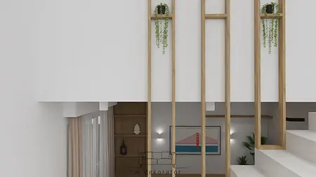 Wnętrze z roślinami, drewnem i białymi ścianami w stylu boho, rustykalnym, skandynawskim, tradycyjnym, współczesnym.