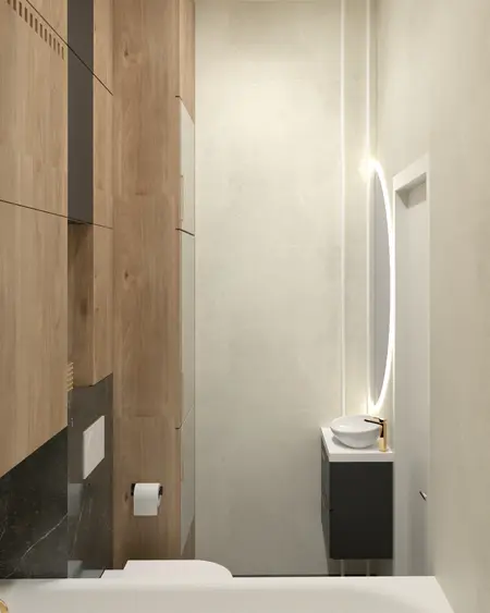 Wnętrze łazienki w stylu industrialnym i nowoczesnym z drewnianymi meblami.