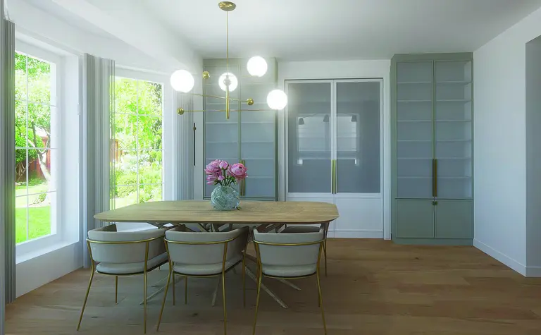 Jadalnia w stylu quiet luxury z drewnianym stołem i roślinnymi akcentami.