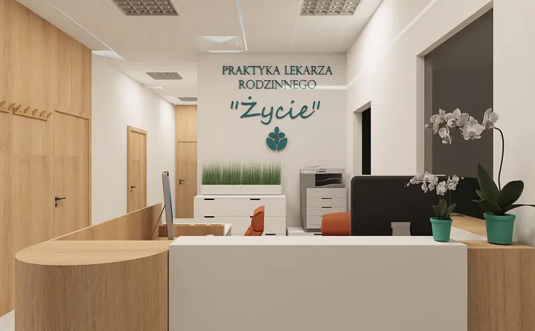 Recepcja lekarza rodzinnego z białymi meblami i drewnem, styl skandynawski.