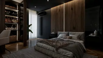 Wnętrze sypialni w stylu eklektycznym z nowoczesnymi elementami i quiet luxury.