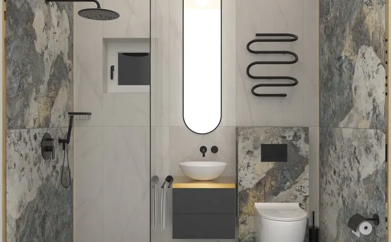 Wnętrze łazienki z szarymi płytkami, białą umywalką i akcesoriami w stylu dopamine decor, industrialnym, minimalistycznym.