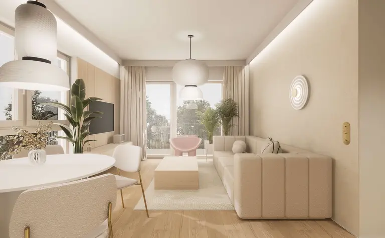 Wnętrze salonu w stylu japandi, minimalistycznym, nowoczesnym, quiet luxury.