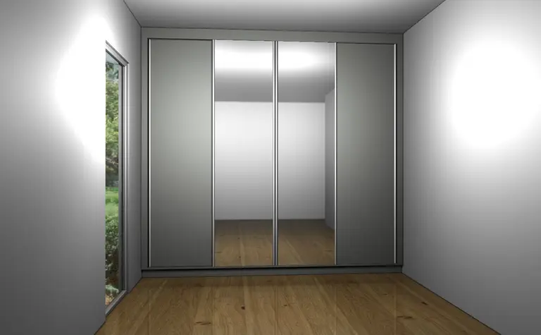 Nowoczesna garderoba z lustrzanymi drzwiami i drewnianą podłogą.