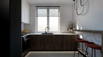 Kuchnia w stylu eklektycznym z nowoczesnymi elementami i akcentami quiet luxury.