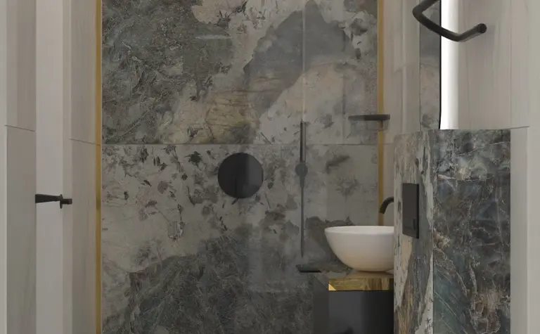 Wnętrze łazienki z kamiennymi ścianami i białą umywalką, styl dopamine decor i minimalistyczny.