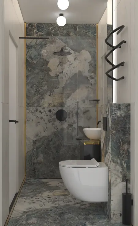 Wnętrze łazienki z kamiennymi ścianami i białą umywalką, styl dopamine decor i minimalistyczny.