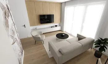 Wnętrze salonu w stylu minimalistycznym z beżową sofą, drewnianymi meblami i rośliną.