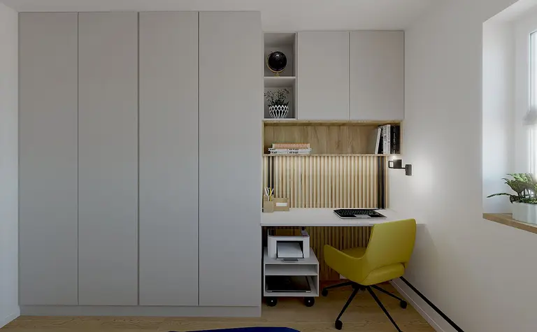 Wnętrze gabinetu z biurkiem, szafkami i roślinami, styl dopamine decor.