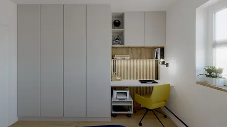 Wnętrze gabinetu z biurkiem, szafkami i roślinami, styl dopamine decor.