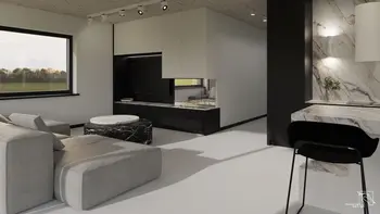 Wnętrze salonu z minimalistycznym designem, nowoczesne meble w odcieniach szarości.