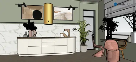 Wnętrze kuchni z jasnymi meblami, marmurowym blatem i roślinami, styl art deco i minimalistyczny.