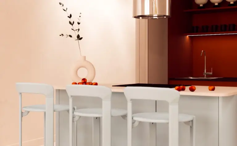 Eklektyczna kuchnia z minimalistycznymi meblami i metalowymi akcentami.