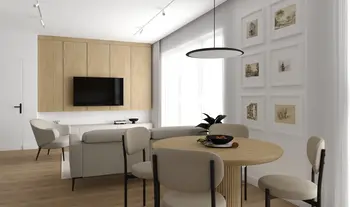 Minimalistyczne wnętrze jadalni z drewnianym stołem, beżowymi krzesłami i nowoczesnymi detalami.