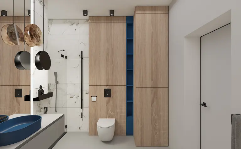 Nowoczesna łazienka w stylu minimalistycznym z drewnianymi meblami i niebieskimi detalami.