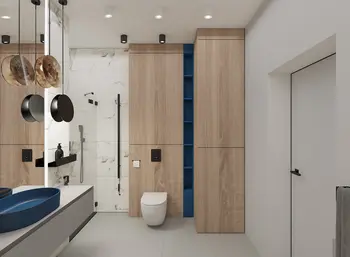 Nowoczesna łazienka w stylu minimalistycznym z drewnianymi meblami i niebieskimi detalami.