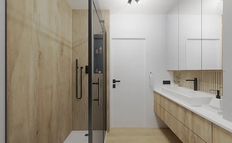 Nowoczesna łazienka z drewnianymi ścianami i białą umywalką, styl dopamine decor.