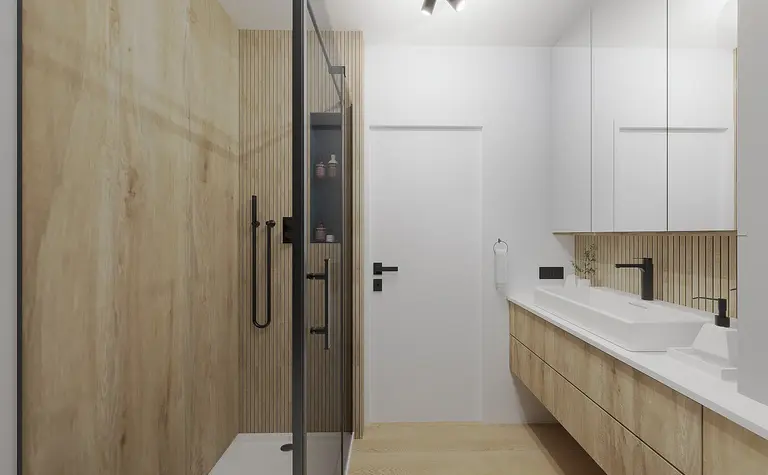 Nowoczesna łazienka z drewnianymi ścianami i białą umywalką, styl dopamine decor.