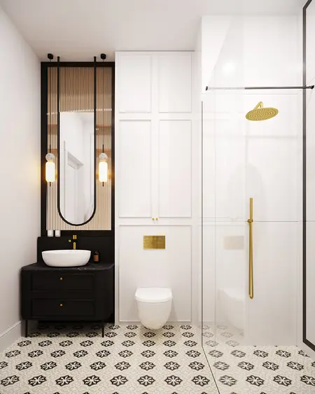 Nowoczesna łazienka z elementami art deco i glamour, czarna umywalka, złote akcenty.