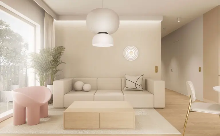 Wnętrze salonu w stylu japandi, minimalistycznym i nowoczesnym z roślinami.