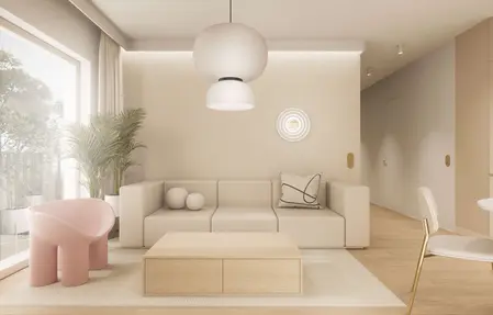 Wnętrze salonu w stylu japandi, minimalistycznym i nowoczesnym z roślinami.