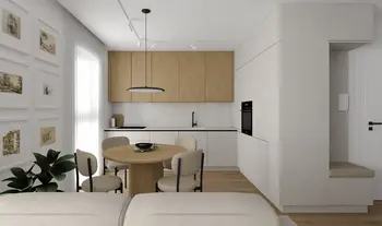 Wnętrze kuchni z drewnianymi meblami, minimalistyczne i nowoczesne elementy, soft minimalizm.